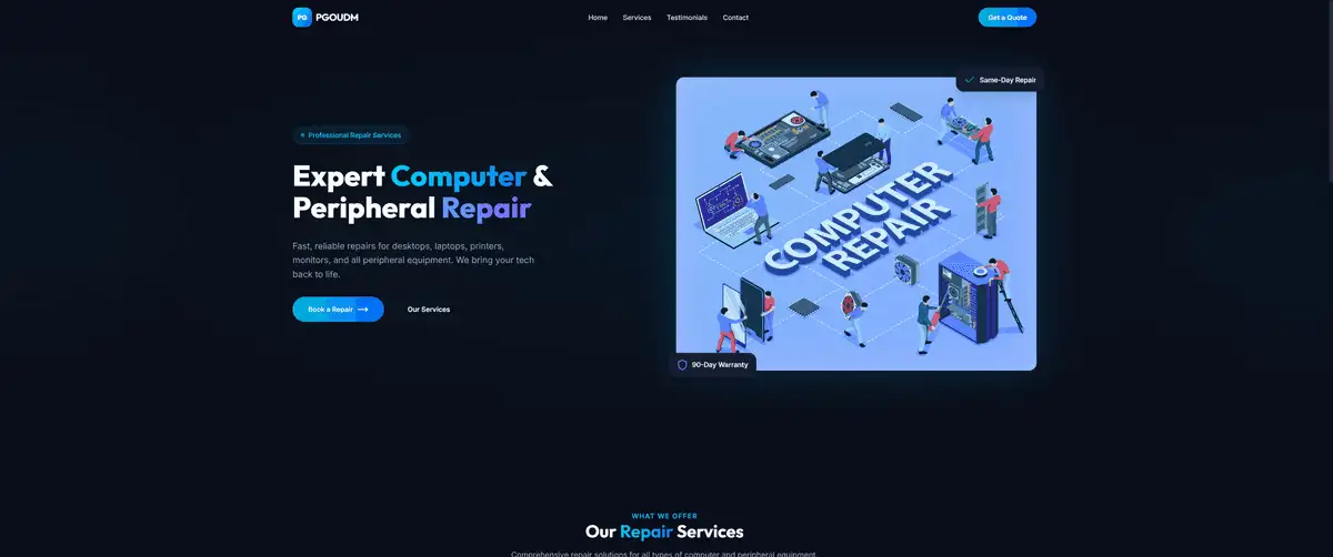 Screenshot of PGOUDM Ltd website — a professional computer and peripheral repair service based in London.