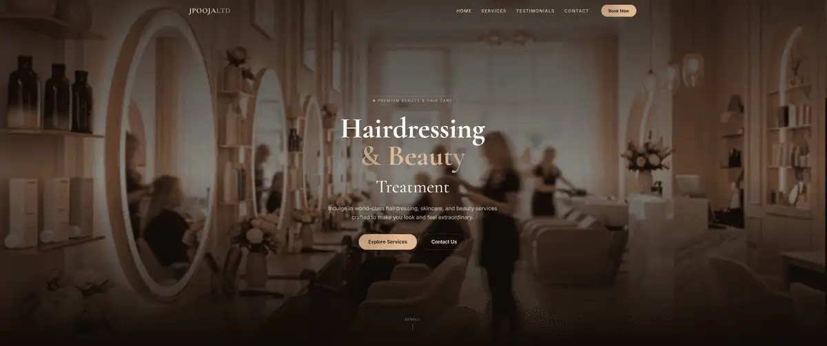 Screenshot of JPOOJA Ltd website — a premium hairdressing and beauty treatment salon in London.