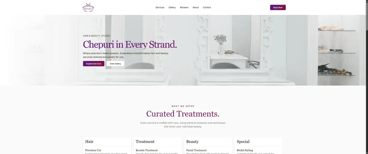 Screenshot of Chepuri Ltd website — a hair and beauty studio based in Ilford, London.