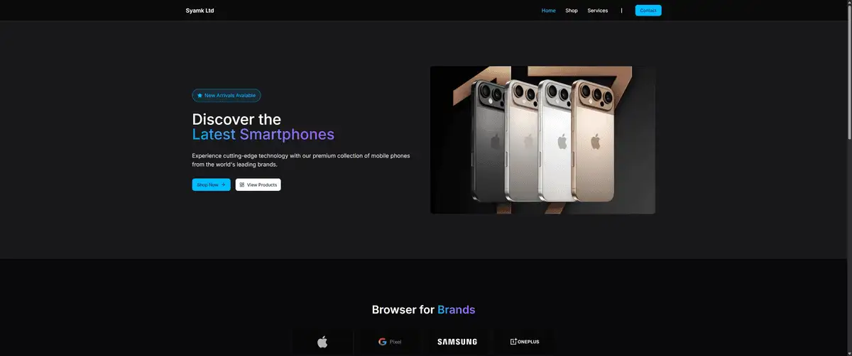 Screenshot of Syamk Ltd website — a smartphone retail store based in Blackpool, UK.